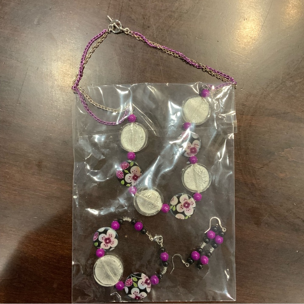 Purple Flower Beaded Necklace, Bracelet, And Earrings Set